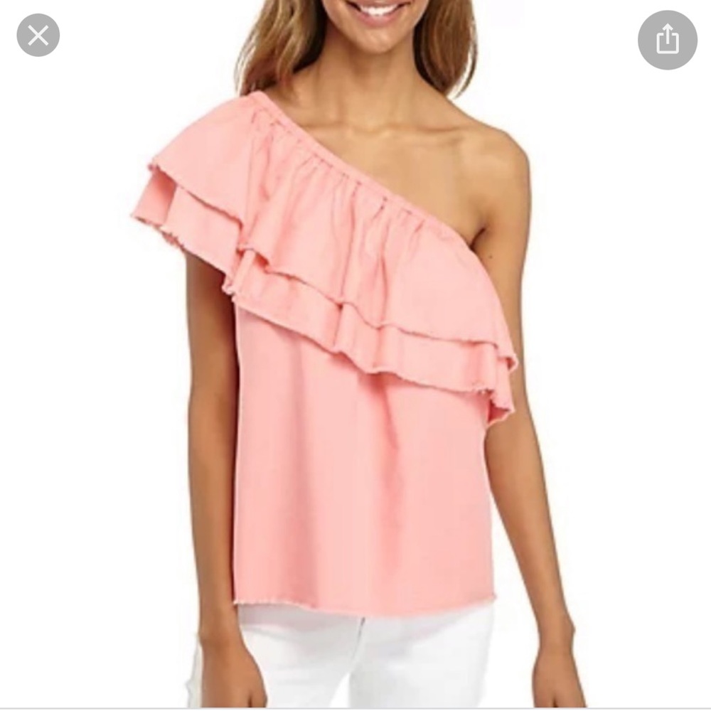 Crown & Ivy One Shoulder Pink Cotton Top Sz XL Layered Ruffles Frayed Hem